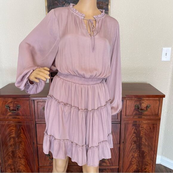 Glam Boho Ruffled Ballon Long Sleeve Mini Dress Blush Mauve Pink Size Large - Picture 2 of 11